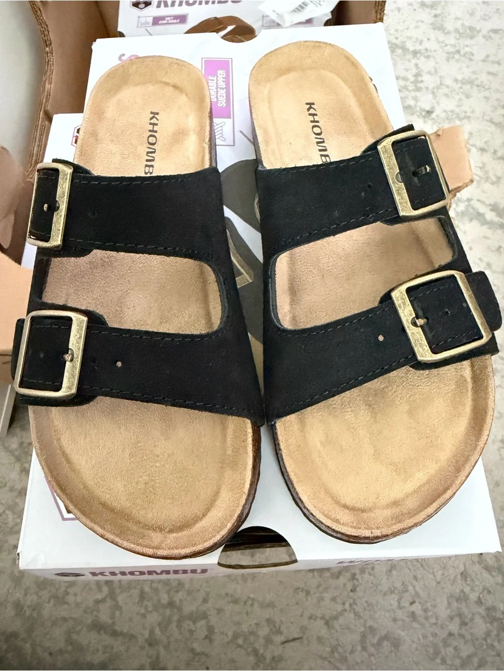 Khombu Black Double-Buckle Suede Slide Sandals